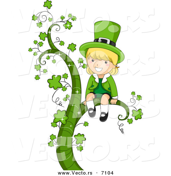 Cartoon Vector of a Happy St. Patrick's Day Leprechaun Girl Sitting on a Large Vine with Clovers