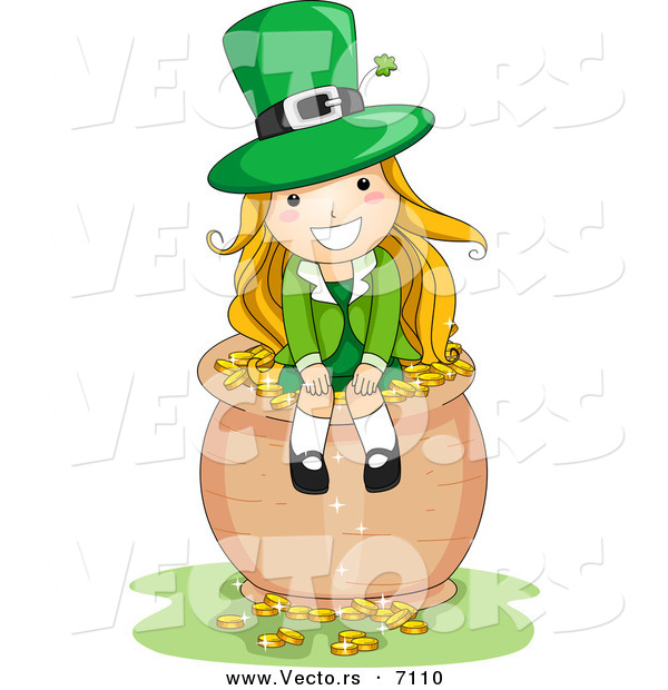 Cartoon Vector of a Happy St. Patrick's Day Leprechaun Girl Sitting on a Pot Full of Gold Coins