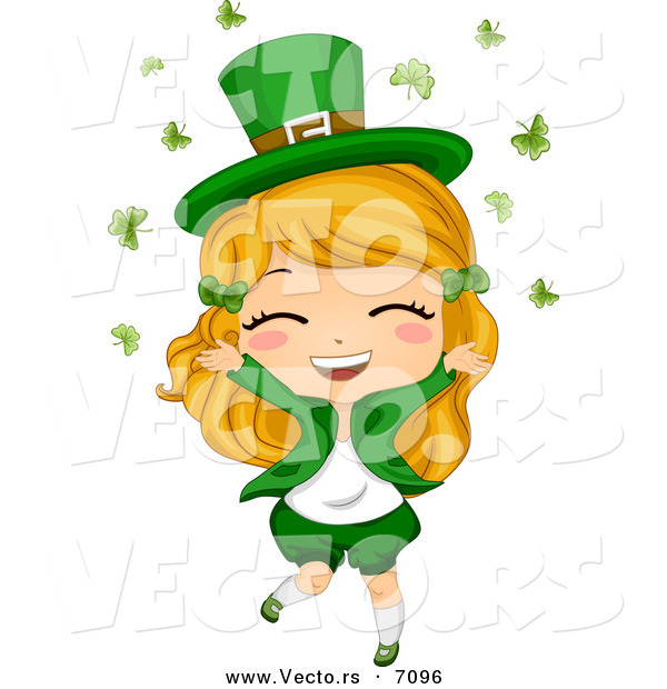 Cartoon Vector of a Happy St. Patrick's Girl Dancing While Clovers Fall All Around Her