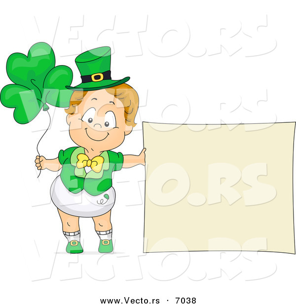 Cartoon Vector of a Happy Toddler Boy Standing Beside a Blank Sign and Clover Balloons