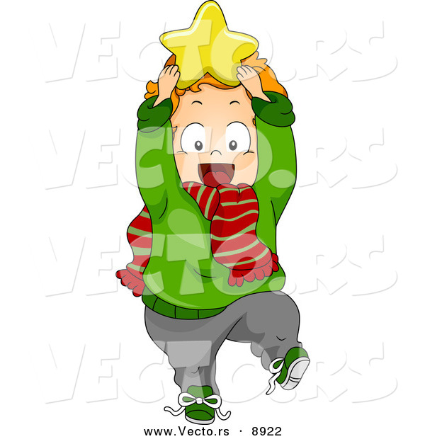 Cartoon Vector of a Happy Toddler Holding a Star to His Head for Christmas