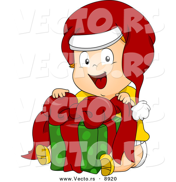 Cartoon Vector of a Happy Toddler Sitting with a Gift on Christmas