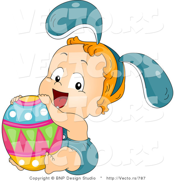 Cartoon Vector of a Happy Toddler with Big Easter Egg
