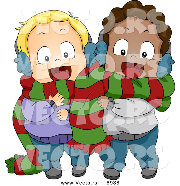 Cartoon Vector of a Happy Toddlers Sharing a Scarf for Christmas
