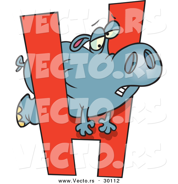 Cartoon Vector of a Hippo Trying to Squeeze Through Alphabet Letter 'H'