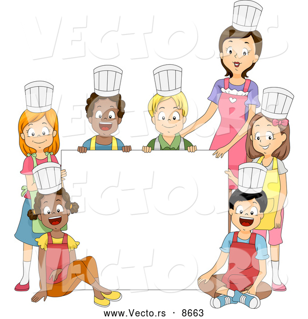 Cartoon Vector of a Home Economics Cooking Class and Teacher Around a Blank Sign