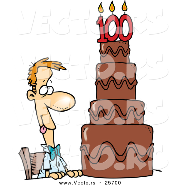Cartoon Vector of a Hungry Guy Drooling over a 100 Birthday Cake