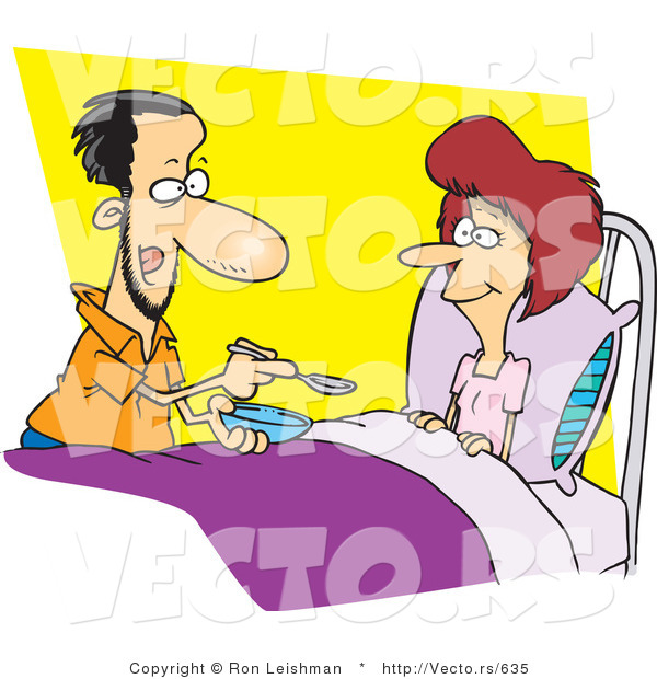 Cartoon Vector of a Husband Spoon Feeding His Sick Wife