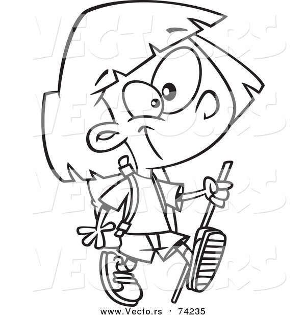 Cartoon Vector of a Lineart Girl Hiking