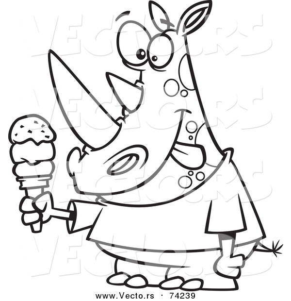 Cartoon Vector of a Lineart Rhinoceros Holding an Ice Cream Cone and Licking His Lips