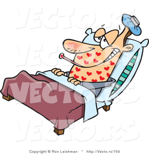 Cartoon Vector of a Love Sickened Man Resting in Medical Bed with Ice Pack on Head