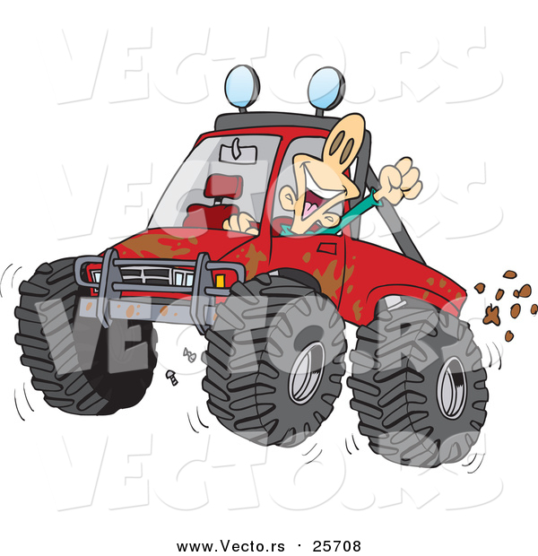 Cartoon Vector of a Man 4 Wheeling His Truck Through Mud