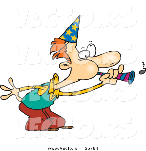 Cartoon Vector of a Man Blowing a Party Horn