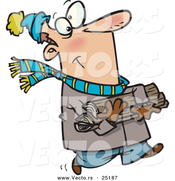 Cartoon Vector of a Man Carrying Firewood for His Fireplace