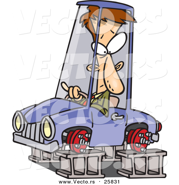 Cartoon Vector of a Man in a Tireless Car on Blocks
