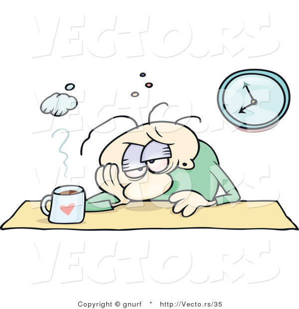 Cartoon Vector of a Man Sitting at His Desk with a Hangover and Cup of Coffee