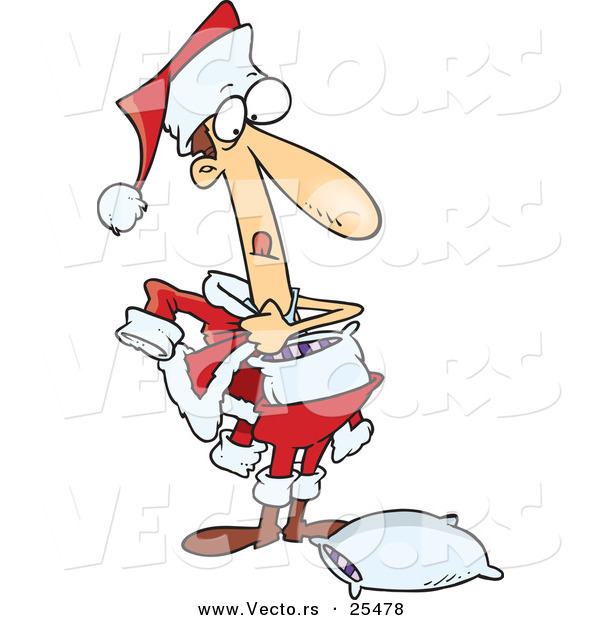 Cartoon Vector of a Man Stuffing Pillows into a Santa Suit to Try to Fool People into Thinking He's the Real Santa