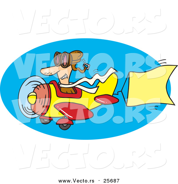 Cartoon Vector of a Message Pilot Flying a Plane with a Banner