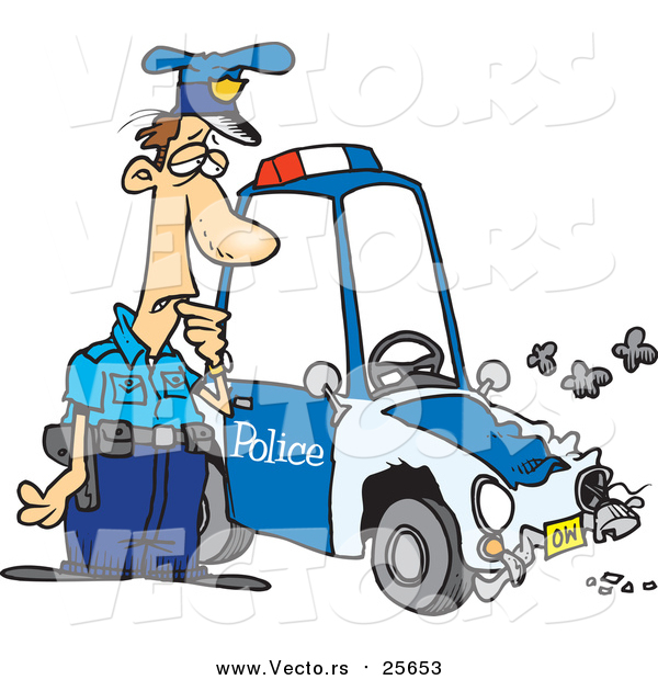 Cartoon Vector of a Patrol Officer Staring at His Beat up Car