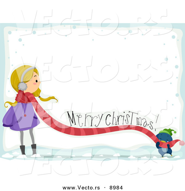 Cartoon Vector of a Penguin Feeling a Child's Scarf with Merry Christmas Greeting over Snow Background