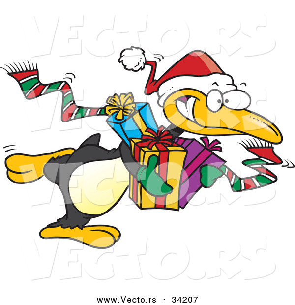 Cartoon Vector of a Penguin Santa Delivering Christmas Presents