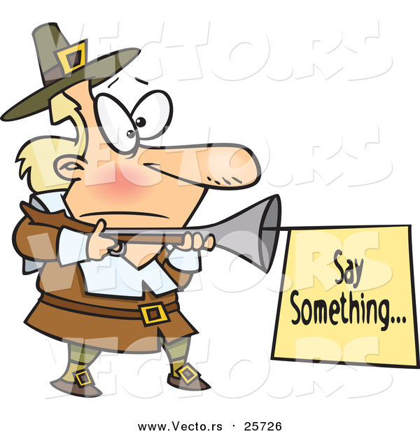 Cartoon Vector of a Pilgrim with a Blunderbuss and Sign