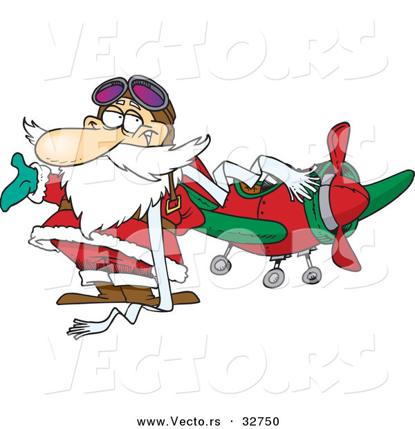 Cartoon Vector of a Pilot Santa Beside an Airplane