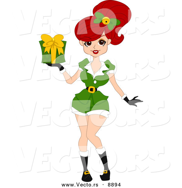 Cartoon Vector of a Pin-up Elf Girl Holding a Gift for Christmas