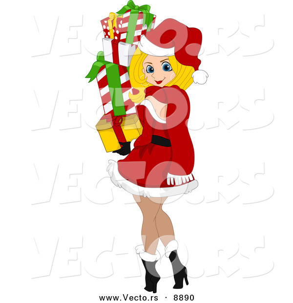 Cartoon Vector of a Pin-up Girl Carrying Gifts for Christmas