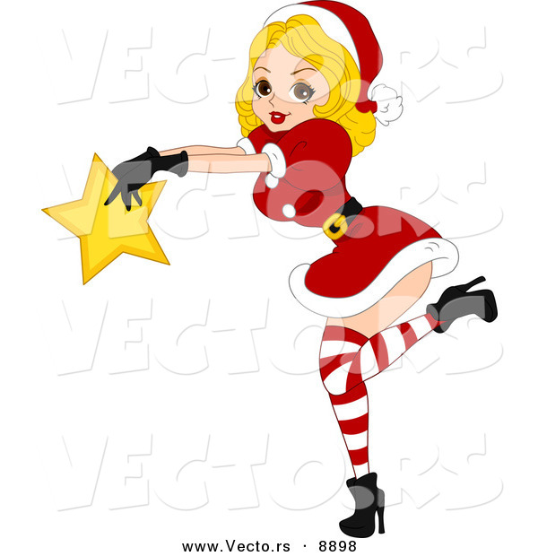 Cartoon Vector of a Pin-up Girl Holding a Star for Christmas