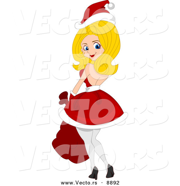 Cartoon Vector of a Pin-up Girl in a Santa Suit Dress for Christmas