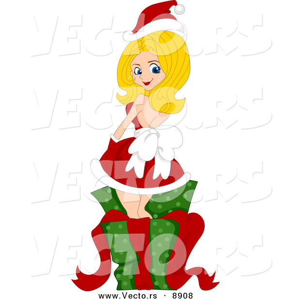 Cartoon Vector of a Pin-up Girl Standing in a Gift Box on Christmas