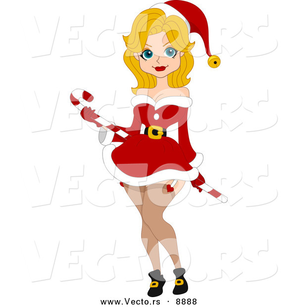 Cartoon Vector of a Pin-up Girl with a Candy Cane for Christmas