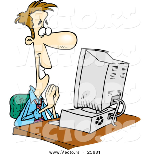 Cartoon Vector of a Pleased Business Man at a Computer