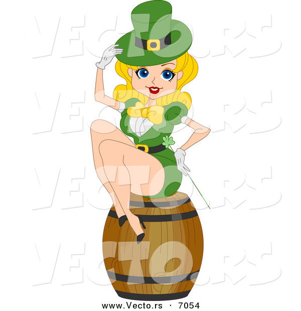 Cartoon Vector of a Pretty St. Patrick's Day Pin-up Girl Sitting on a Barrel