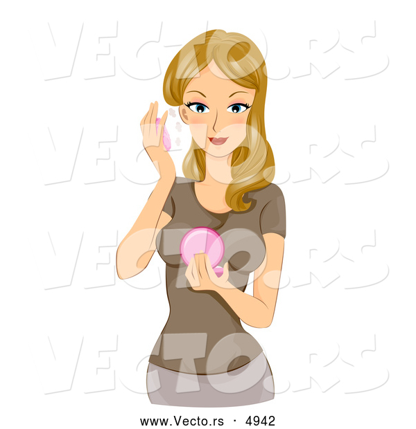 Cartoon Vector of a Pretty Young Lady Putting Face Makeup Powder on