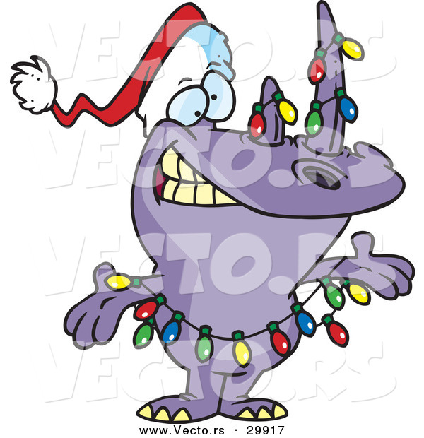 Cartoon Vector of a Purple Rhino Decorated with Christmas Lights and a Santa Hat
