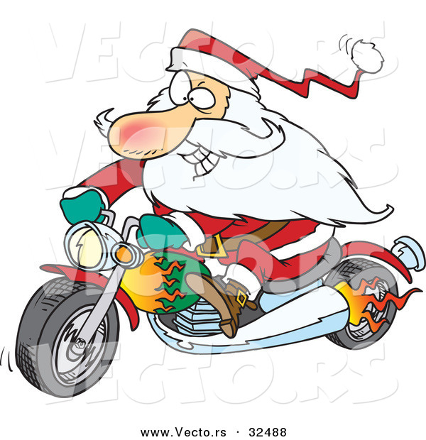Cartoon Vector of a Rebel Biker Santa Riding Motorcycle with Flames