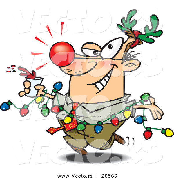 Cartoon Vector of a Red Nosed Businessman Wearing Reindeer Antlers and Holding a Drink While Draped in Christmas Lights