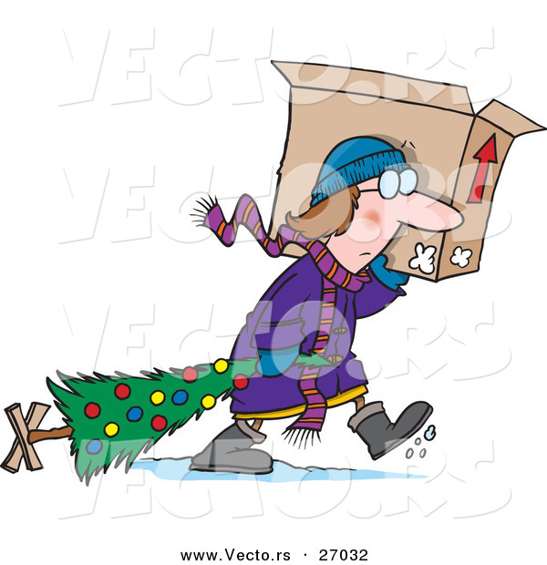 Cartoon Vector of a Sad Woman Carrying Dragging Christmas Tree in the Snow and Carrying an Opened Box on Her Shoulder