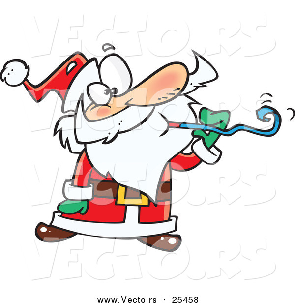 Cartoon Vector of a Santa at a Party, Blowing a Noise Maker Blower