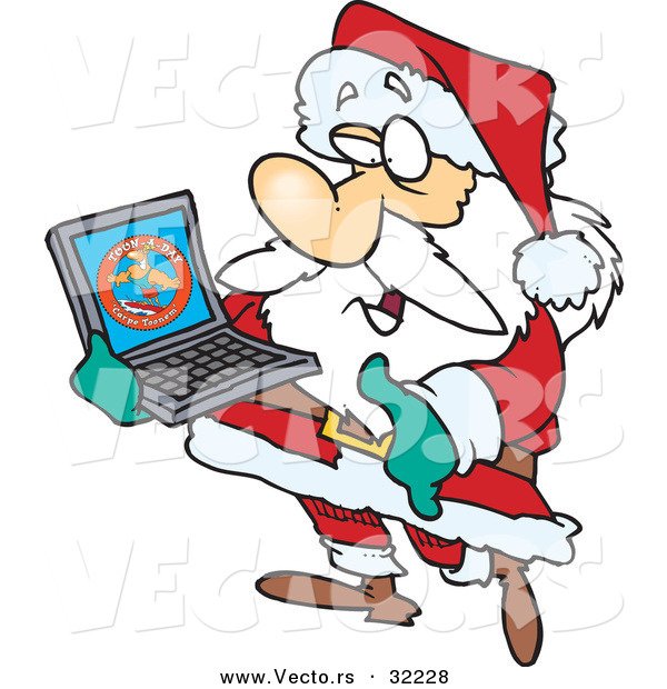 Cartoon Vector of a Santa Carrying a Laptop Computer