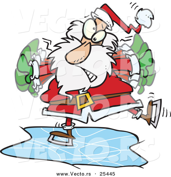 Cartoon Vector of a Santa Claus Flapping His Arms to Try to Maintain His Balance so He Doesn't Fall While Ice Skating