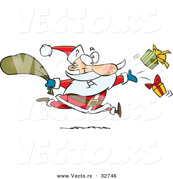 Cartoon Vector of a Santa Distributing Presents While Running Fast