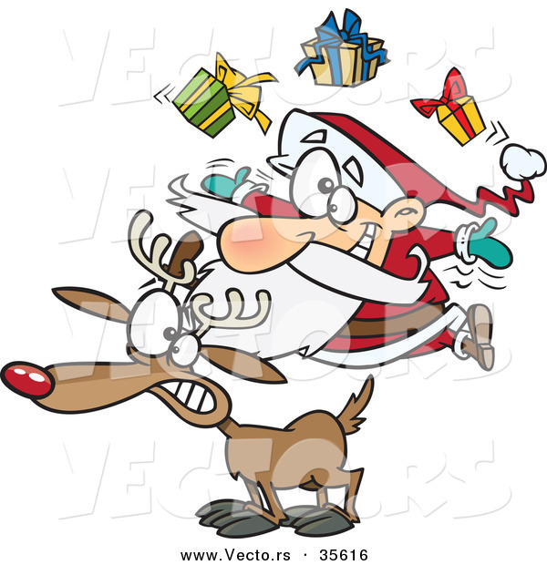 Cartoon Vector of a Santa Juggling Christmas Presents on a Reindeer