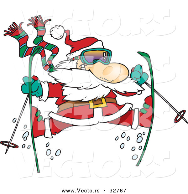 Cartoon Vector of a Santa Jumping on Snow Skis