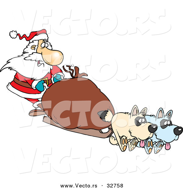 Cartoon Vector of a Santa Mushing Presents on Sled with Dogs Pulling