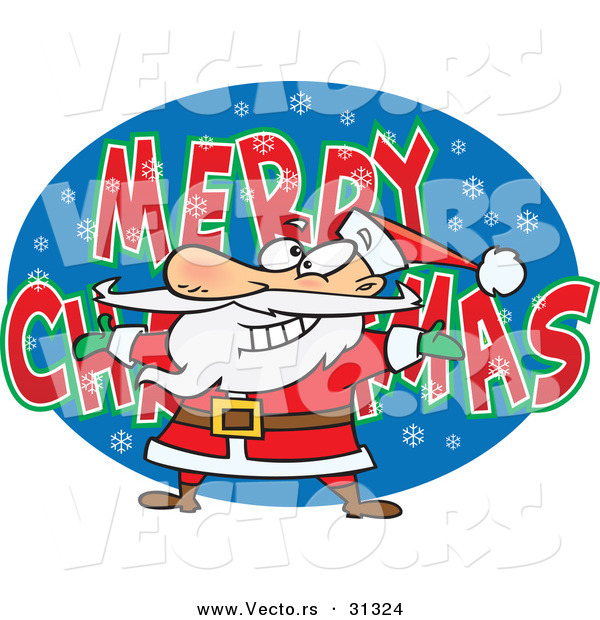 Cartoon Vector of a Santa over MERRY CHRISTMAS Background Sign