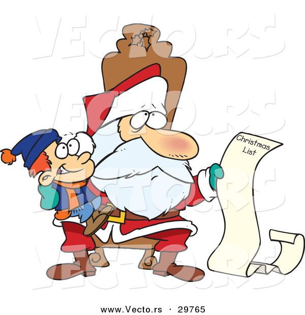 Cartoon Vector of a Santa Reading Happy Boy's Long Christmas List