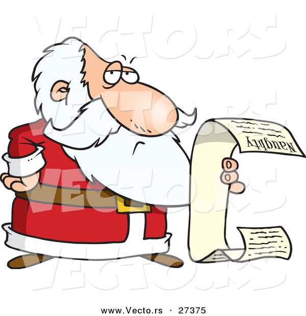 Cartoon Vector of a Santa Reading Long Naughty List